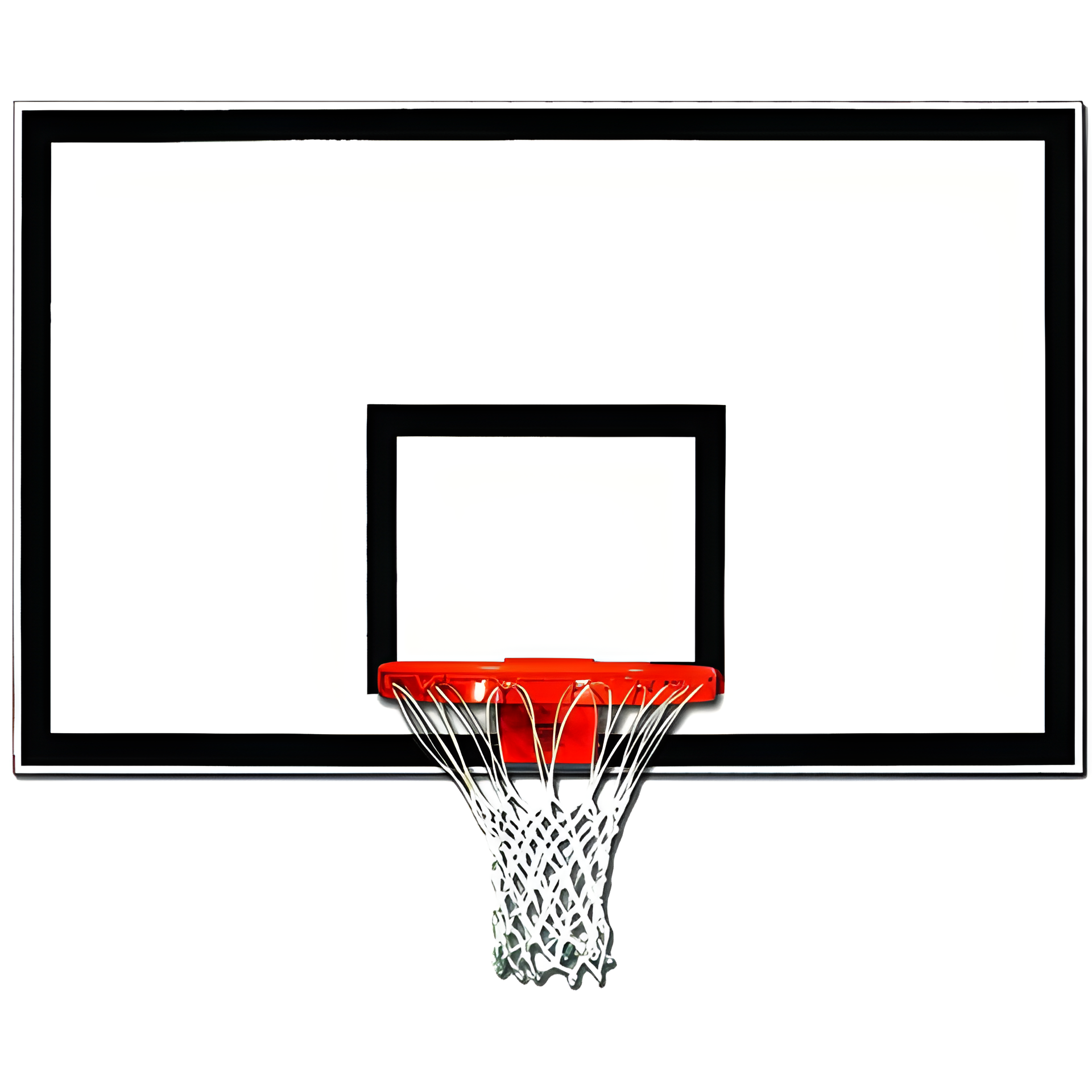 Gared basketball backboard with white surface black border and attached orange rim with net