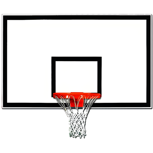 Gared basketball backboard with white surface black border and attached orange rim with net