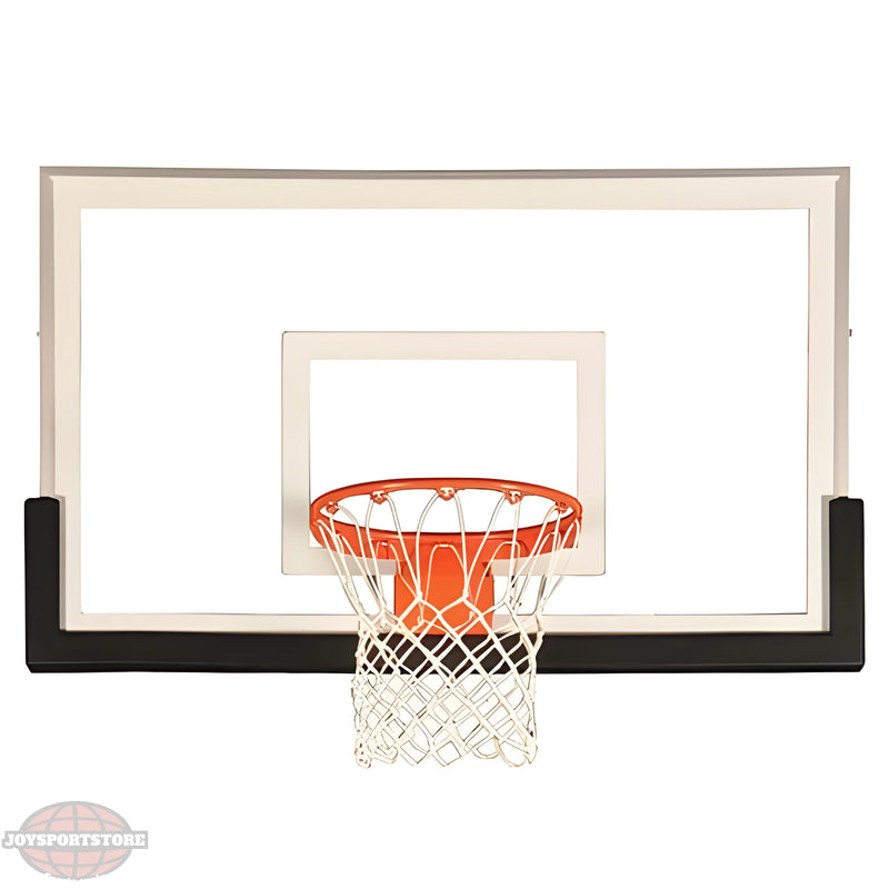 Jaypro clear basketball backboard with orange rim and white net for indoor or outdoor play