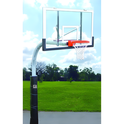Gared outdoor basketball backboard with clear acrylic glass and adjustable height on a curved pole