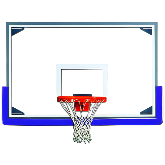 Gared basketball backboard with clear glass, black trim, blue padding, and orange rim with net