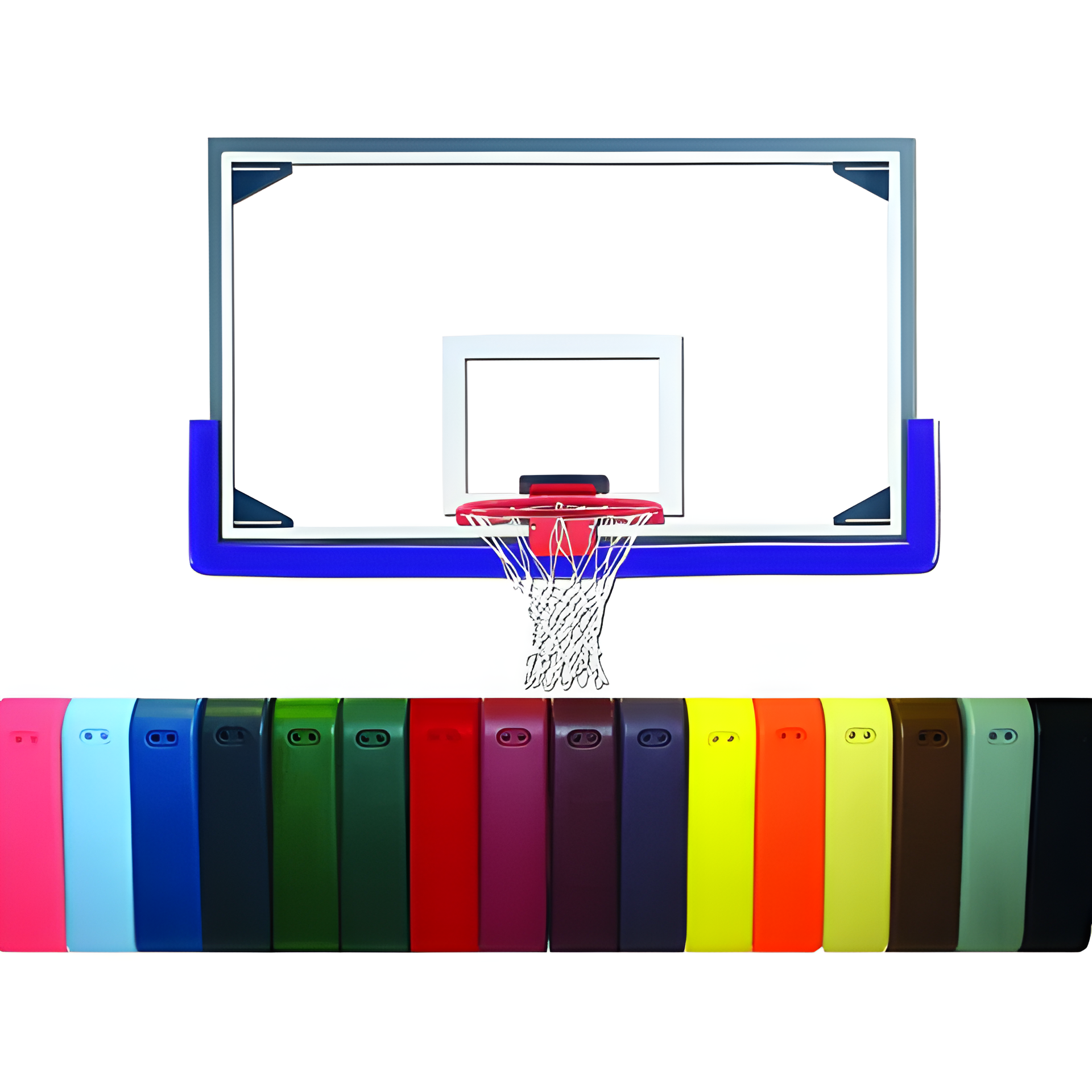Gared basketball backboard with clear glass and blue frame along with various colored padding options