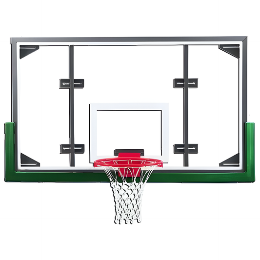 Gared basketball backboard with clear acrylic panel and red rim with white net