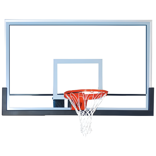 Gared clear glass basketball backboard with orange rim and white net for outdoor play