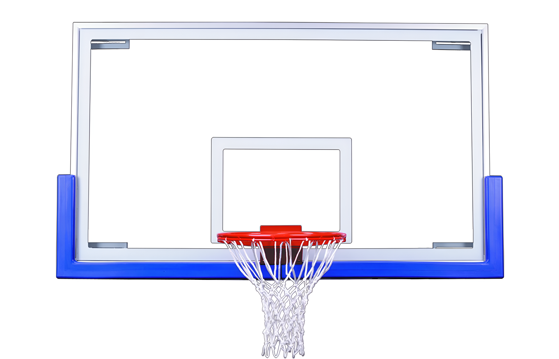 FIRST TEAM basketball backboard with clear glass and blue trim basketball hoop rim and white net