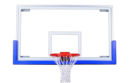 FIRST TEAM basketball backboard with clear glass and blue trim basketball hoop rim and white net