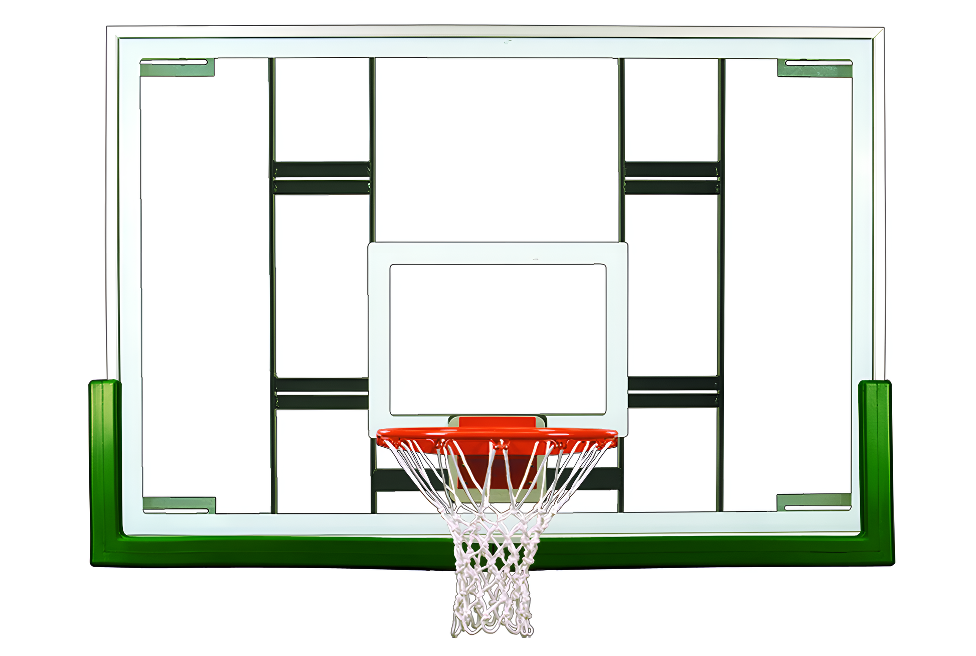 FIRST TEAM basketball backboard with white and green frame and attached hoop with net