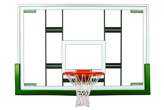FIRST TEAM basketball backboard with white and green frame and attached hoop with net