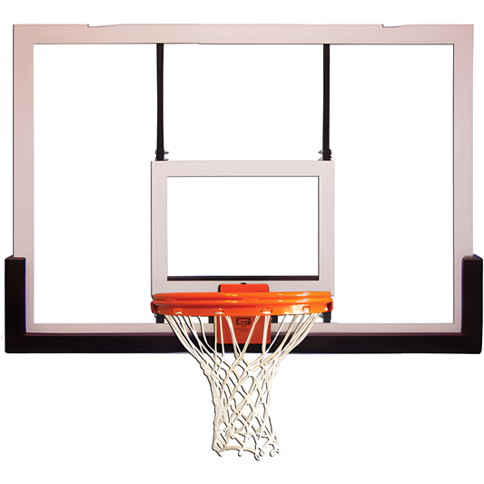 Clear Gared basketball backboard with orange rim and white net for outdoor and indoor basketball play
