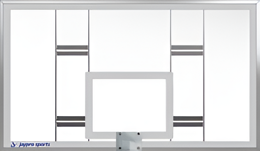 Jaypro basketball backboard made of durable glass with white frame and black markings