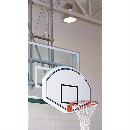 Gared curved white basketball backboard with black markings and orange rim in indoor gym
