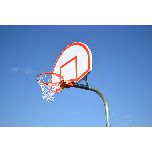 Gared basketball backboard with orange and white design mounted on curved pole against blue sky