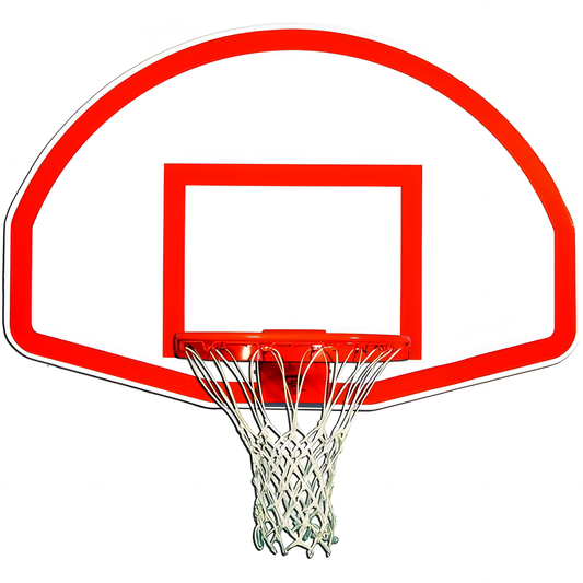 Gared basketball backboard with red outline and attached rim with net for outdoor play