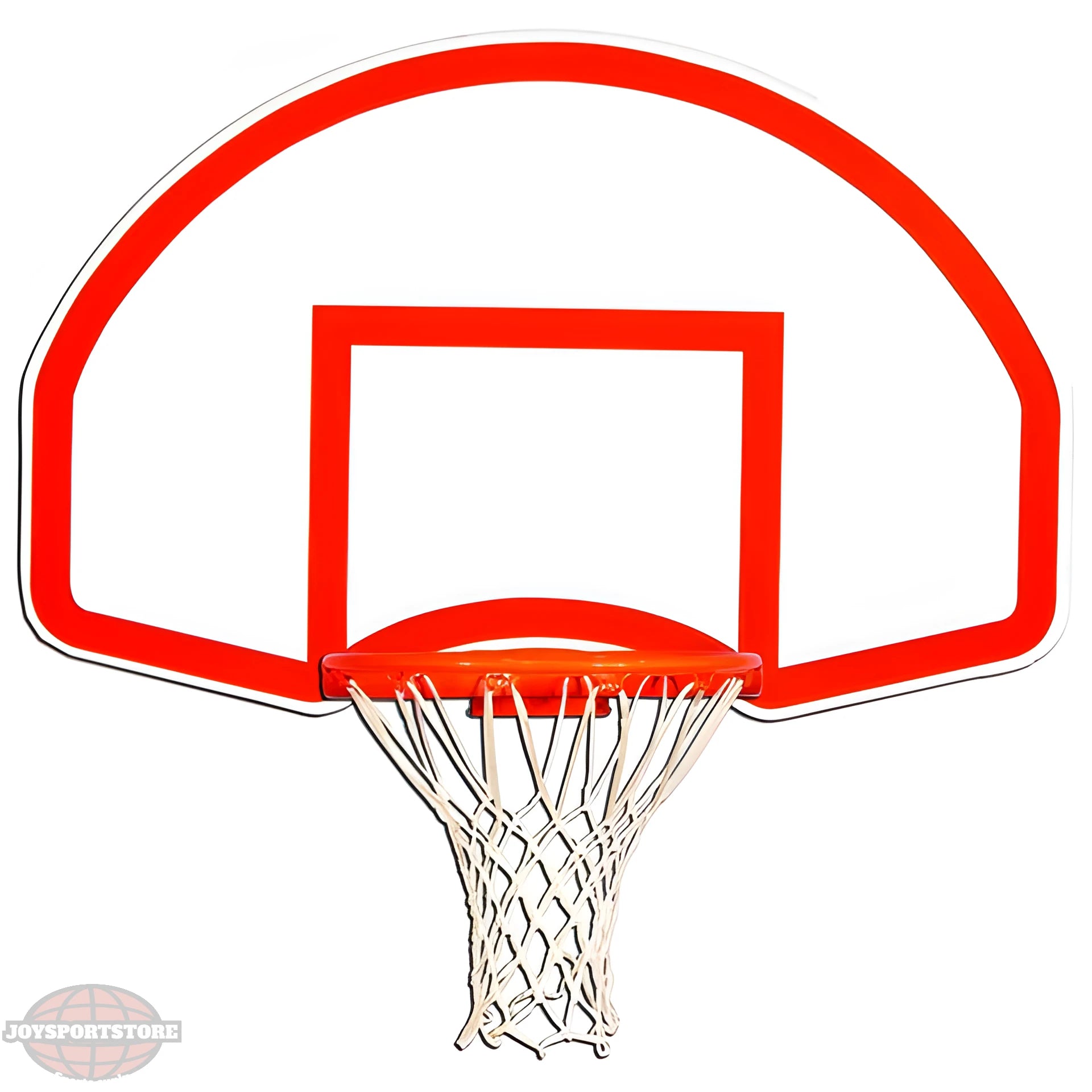 Gared white and red basketball backboard with attached orange rim and white net