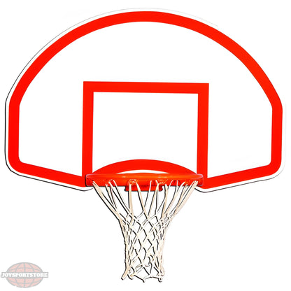 Gared white and red basketball backboard with attached orange rim and white net