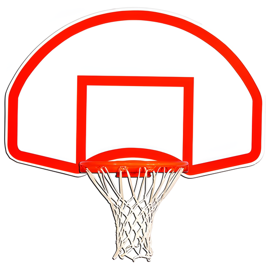 Gared white and red basketball backboard with attached orange rim and white net
