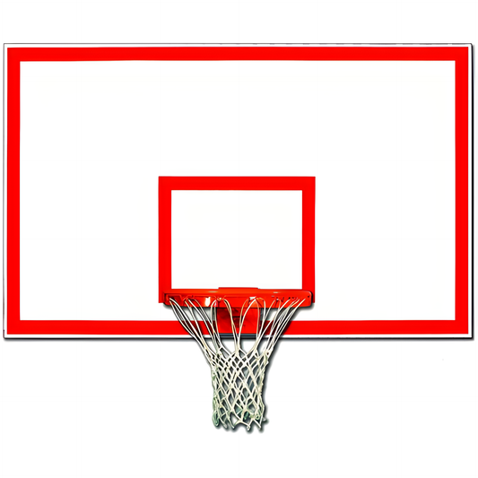 Gared basketball backboard with white surface and red outline with attached hoop and net