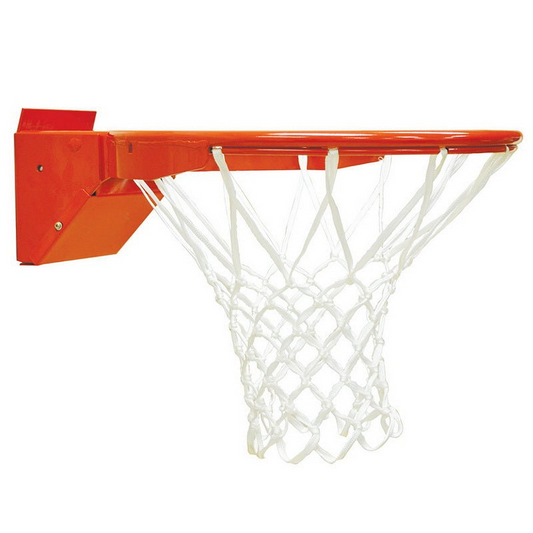 Jaypro orange basketball rim with attached white net and sturdy mounting bracket