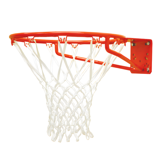 Jaypro orange basketball rim with white net designed for outdoor and indoor basketball hoops