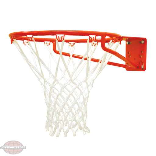 Jaypro orange basketball rim with white net designed for outdoor and indoor basketball hoops