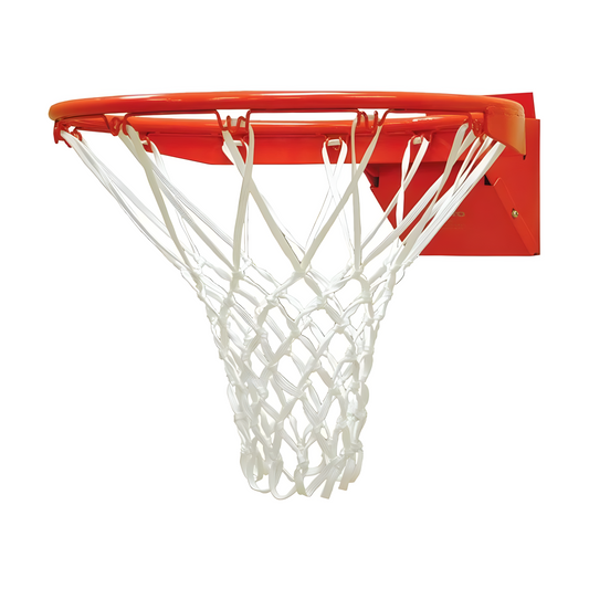 Jaypro orange basketball rim with white net attached for indoor and outdoor use