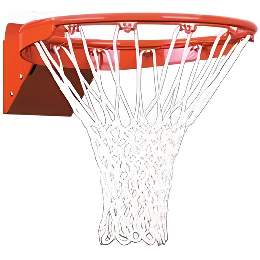 Ironclad basketball rim in bright orange with attached white net for outdoor or indoor play