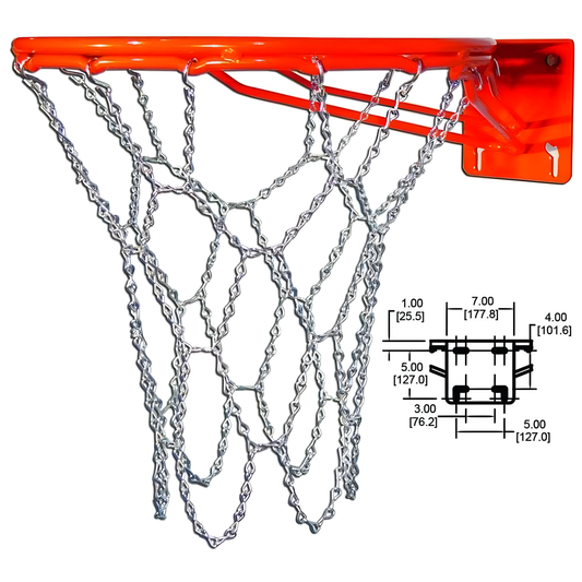 Gared heavy-duty basketball rim with metal chain net and detailed dimensional diagram