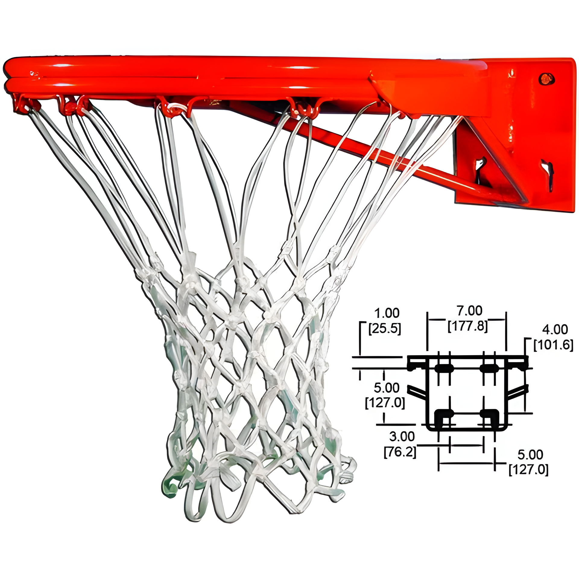 Gared basketball rim with attached net and detailed mounting dimensions in inches and millimeters