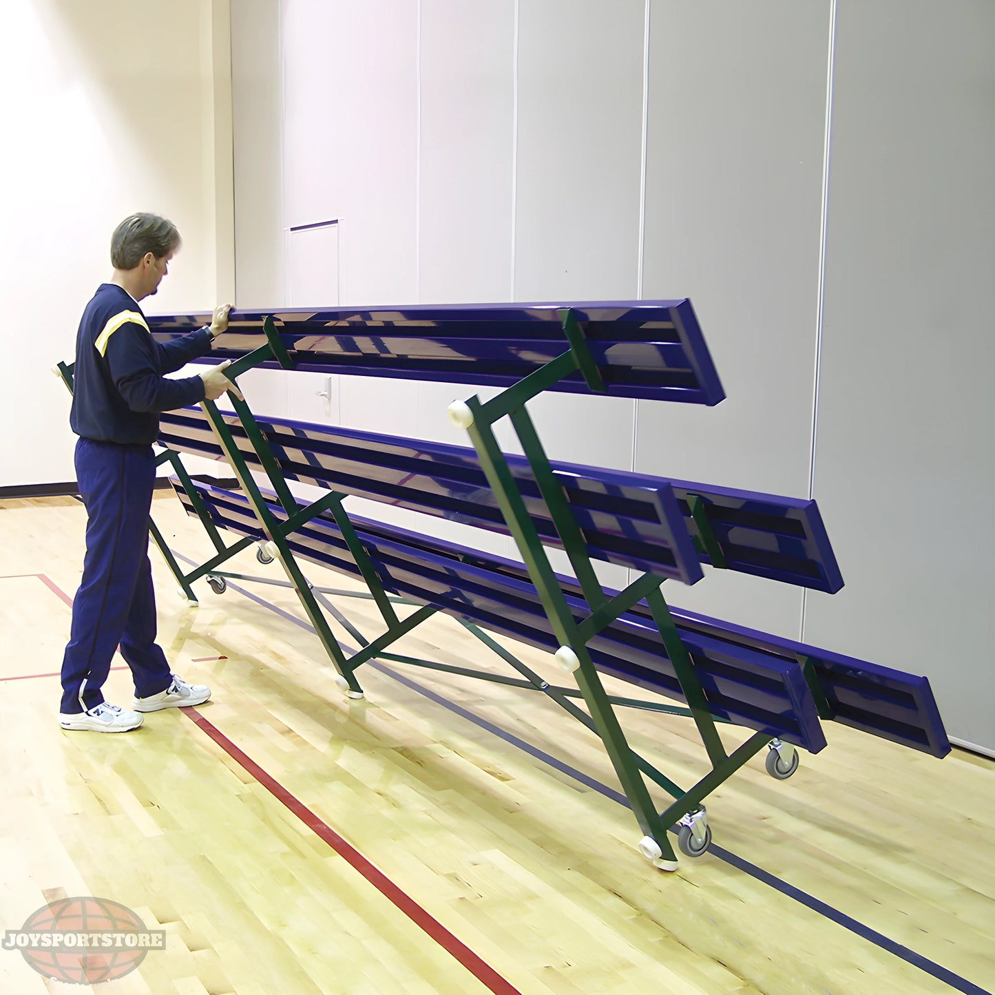 Jaypro Indoor Bleacher – 7.5' | 3 Row Tip & Roll Bleacher with Single Foot Plank – Compact & Mobile Seating (BLCH-375TRG) - JoySportStore