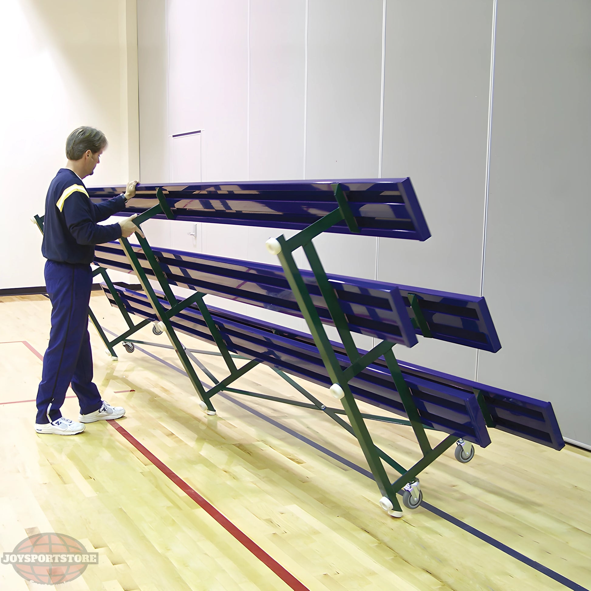 Jaypro Indoor Bleacher – 7.5' | 3 Row Tip & Roll Bleacher with Single Foot Plank – Compact & Mobile Seating (BLCH-375TRG) - JoySportStore