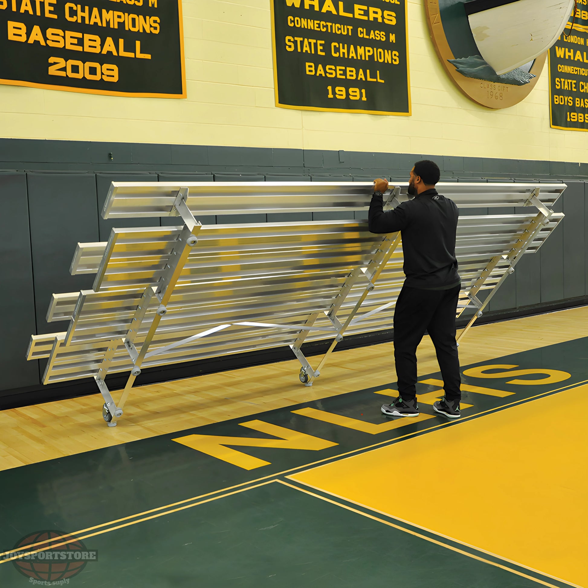Jaypro Indoor Bleacher – 7.5' | 4 Row Tip & Roll Bleacher with Double Foot Plank – Compact Mobile Seating (BLDP-475TRG) - JoySportStore