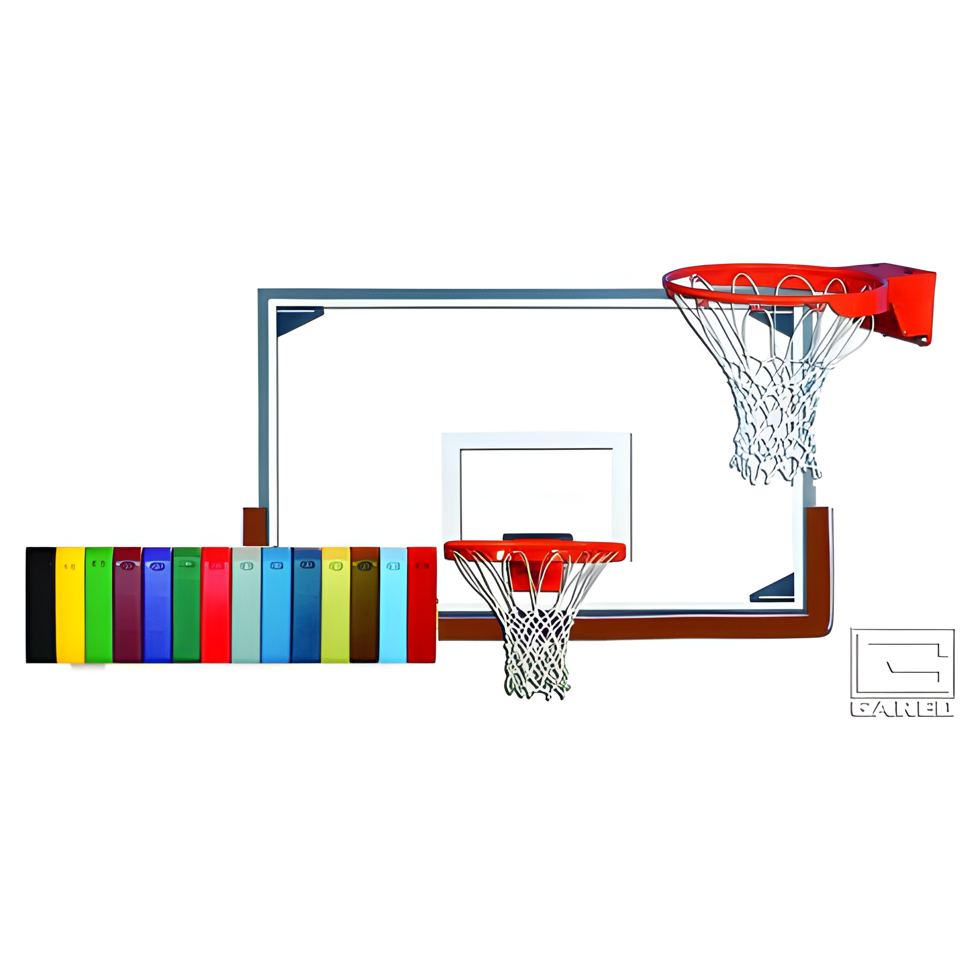 Gared basketball backboard with clear acrylic surface and red rim shown with color samples