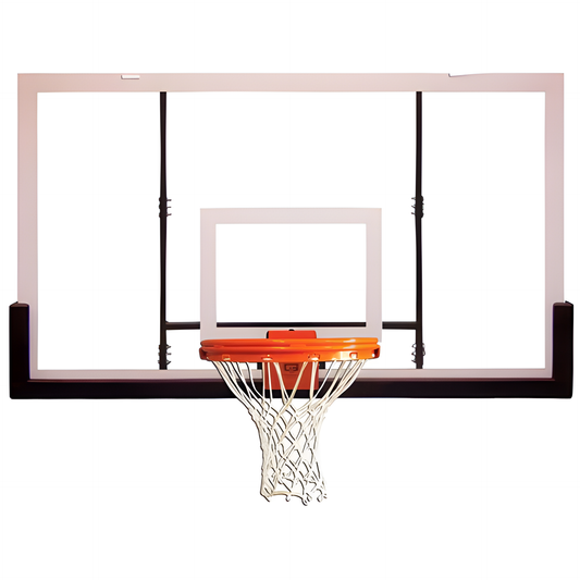 Gared basketball backboard with clear acrylic design and orange rim with white net