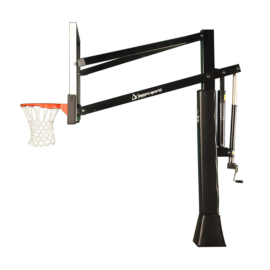 Jaypro Basketball System - Titan  Adjustable Series (6 in.x 6 in. Pole with 4 ft. Offset) - 72 in. Tempered Glass  Backboard, Playground Goal, and Edge/Protector Padding Jaypro
