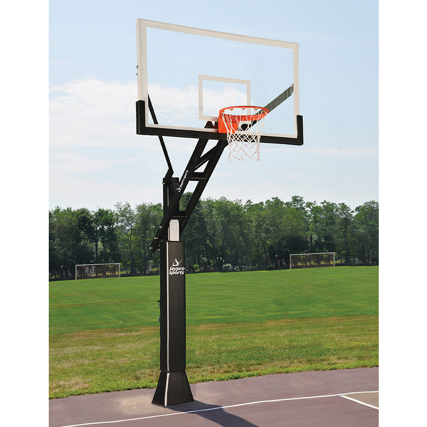 Jaypro Basketball System - Titan  Adjustable Series (6 in.x 6 in. Pole with 4 ft. Offset) - 72 in. Tempered Glass  Backboard, Playground Goal, and Edge/Protector Padding Jaypro