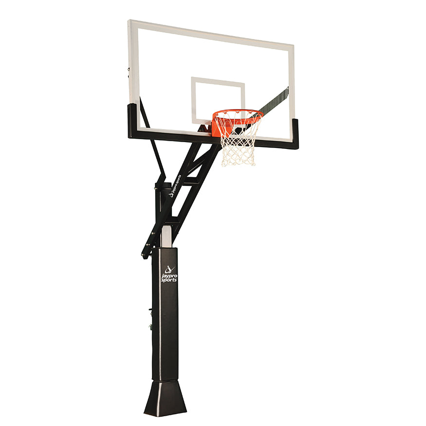 Jaypro Basketball System - Titan  Adjustable Series (6 in.x 6 in. Pole with 4 ft. Offset) - 72 in. Acrylic Backboard, Breakaway Playground Goal, and Edge/Protector Padding