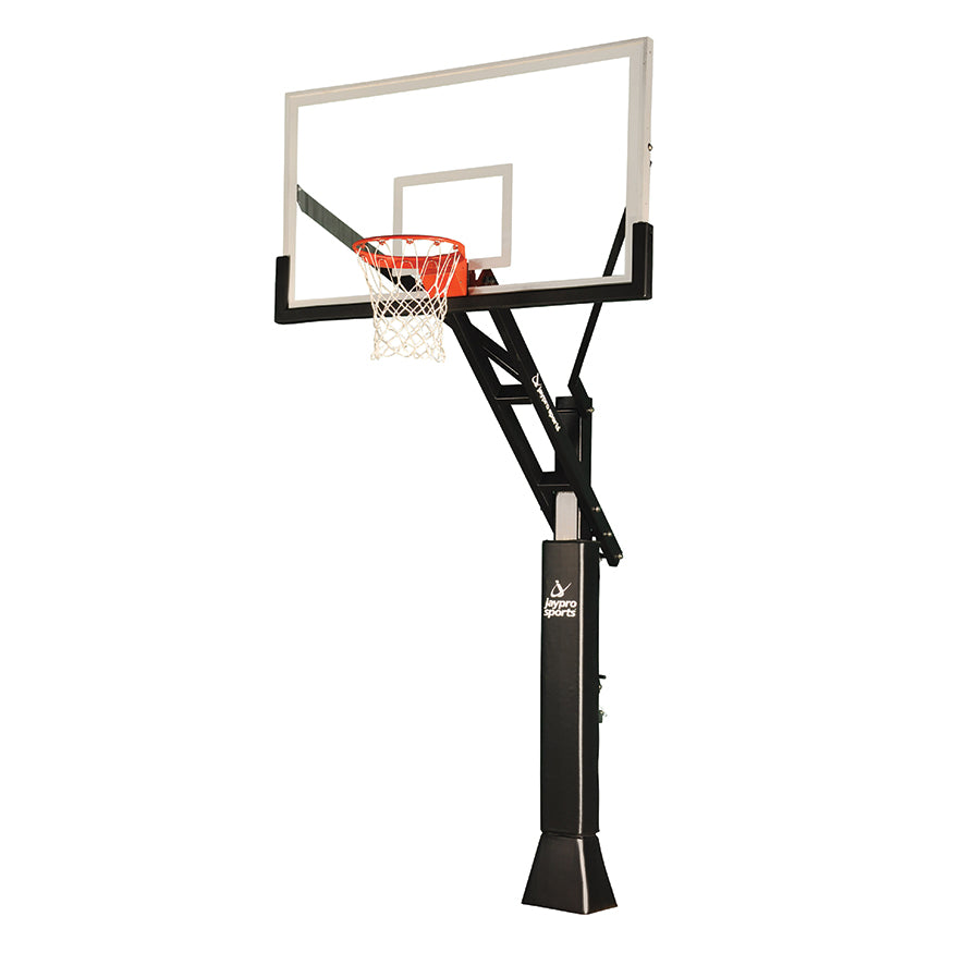 Jaypro Basketball System - Titan  Adjustable Series (6 in.x 6 in. Pole with 4 ft. Offset) - 72 in. Acrylic Backboard, Breakaway Playground Goal, and Edge/Protector Padding