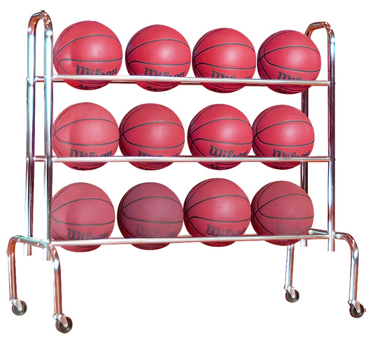 First Team FT15 basketball ball rack with three tiers holding twelve red basketballs on wheels