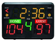 First Team FT805 Portable basketball scoreboard showing game time period and scores for home and guest teams