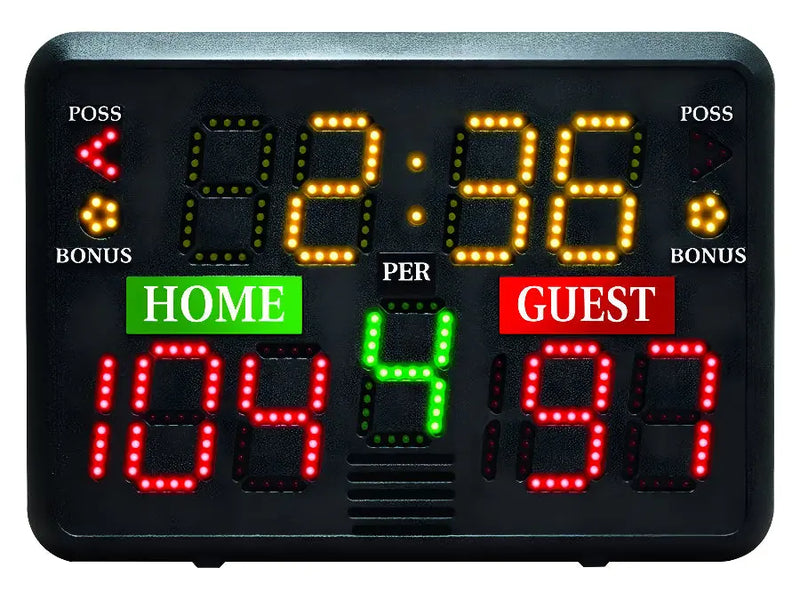 First Team FT805 Portable basketball scoreboard showing game time period and scores for home and guest teams