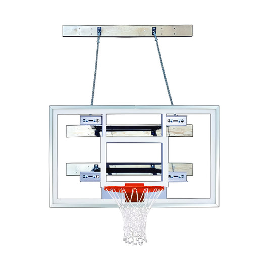First Team SuperMount68 Pro basketball hoop with clear backboard and orange rim mounted by chains
