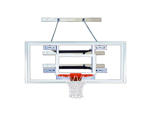 First Team SuperMount82 Pro basketball hoop with clear backboard and hanging mounting system