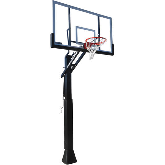 Ironclad In Ground Basketball Hoop with clear backboard and adjustable pole for outdoor use