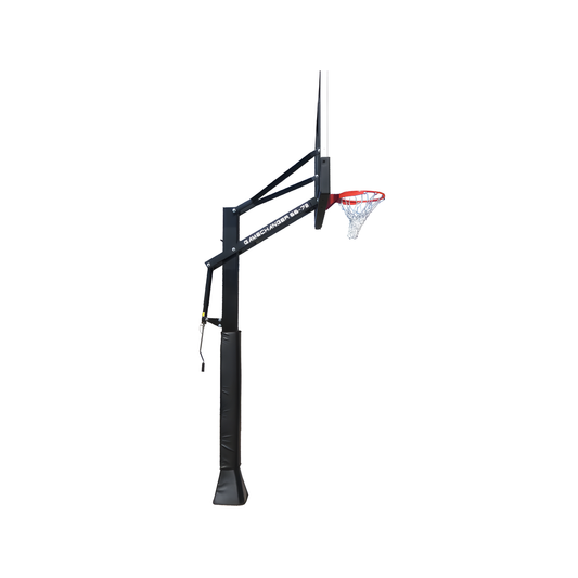 Ironclad in ground basketball hoop with adjustable height and durable black pole on white background