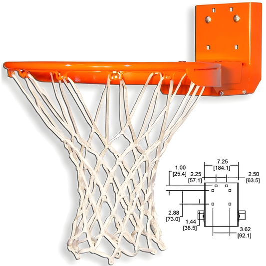 Gared basketball rim with orange metal frame and white net designed for wall mounting