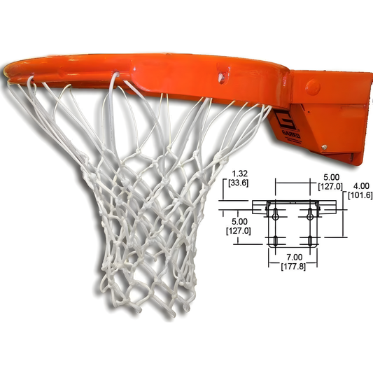 Gared orange basketball rim with white net and mounting dimensions shown in black and white diagram