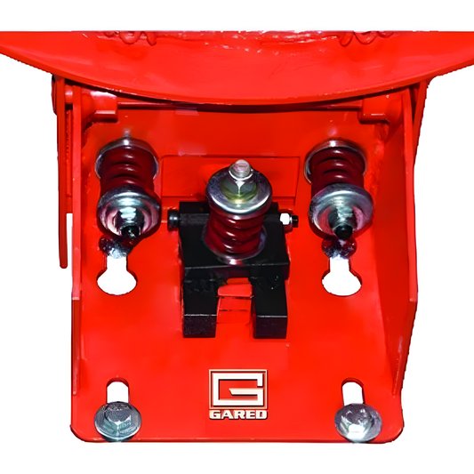Close-up of Gared basketball rim mounting bracket with heavy-duty springs and bolts in red