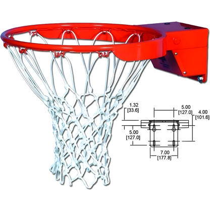 Gared basketball rim with white net and mounting bracket including technical dimension diagram