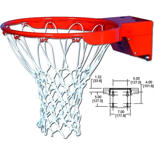 Gared basketball rim with white net and mounting bracket including technical dimension diagram