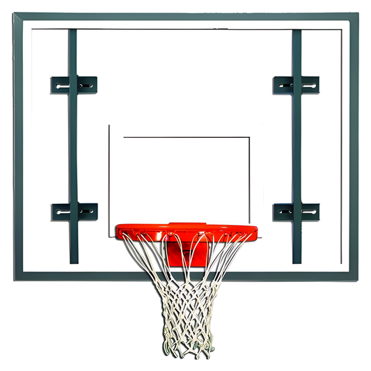 Gared basketball backboard with red rim and white net mounted on black frame